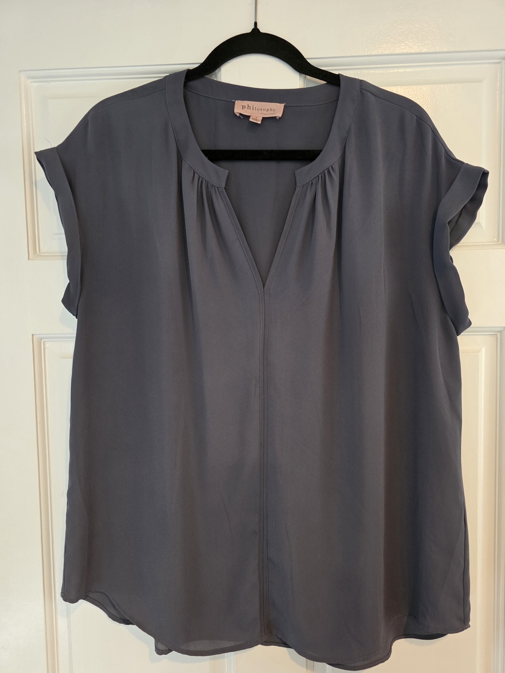 Philosophy Slate Blue Open V-Neck Flutter Sleeve Blouse